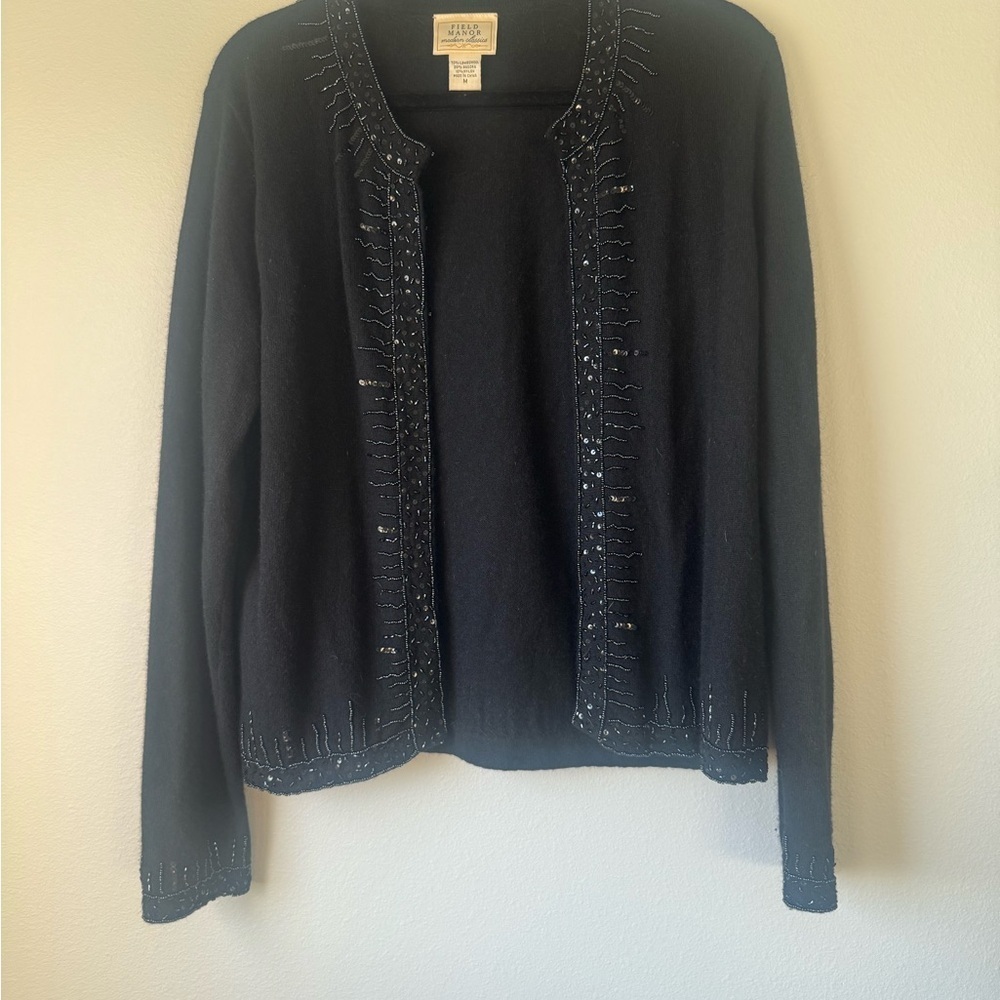 Field Manor Angora and Wool Black Cardigan with Beaded Details